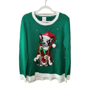 Jane Street Womens Ugly Sweater Santa Frenchie Pearl Accent Green Sz Large‎ NWOT